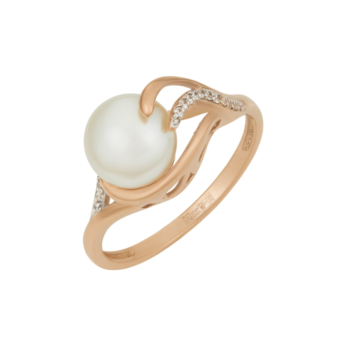 Кольцо из золота 585 пробы c культивированным жемчугом и фианитами