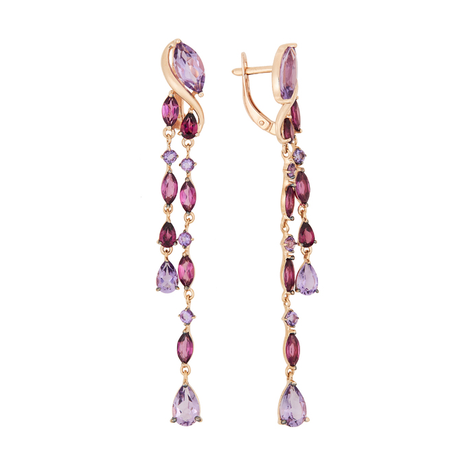 Серьги из золота 585 пробы c аметистами и турмалинами