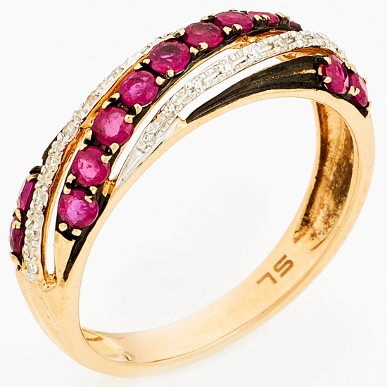 Кольцо из комбинированного золота 585 пробы c 20 бриллиантами и 13 рубинами