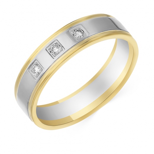 Кольцо обручальное из комбинированного золота 585 пробы c 3 бриллиантами, 019693 за 35 950 ₽