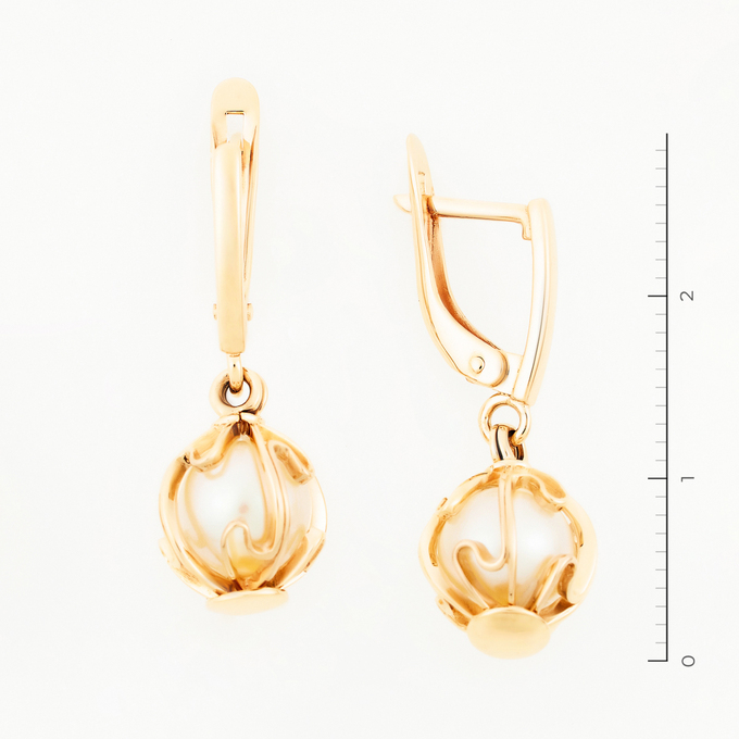 Серьги из красного золота 585 пробы c 2 культ. жемчугами