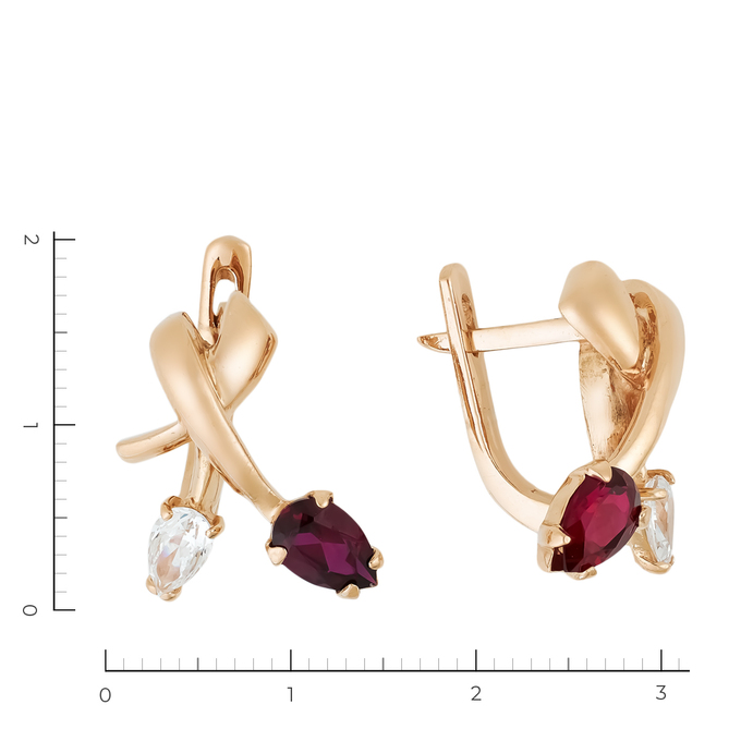 Серьги из красного золота 585 пробы c 2 фианитами и 2 корундами