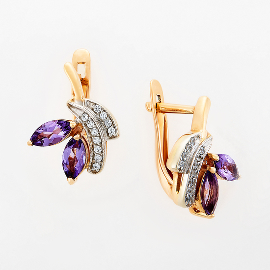 Серьги из красного золота 585 пробы c 4 аметистами и фианитами, Л11128898 за 15 500 ₽