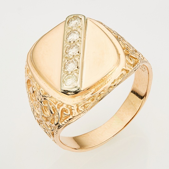 Кольцо печатка из комбинированного золота 585 пробы c 5 бриллиантами, 134170 за 22 650 ₽
