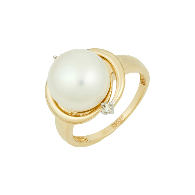 Кольцо из золота 585 пробы c бриллиантами и культивированным жемчугом