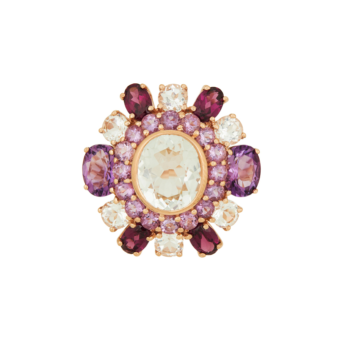 Кольцо из золота 585 пробы c топазами, аметистами и родолитами, Л 2811 1350 за 105000