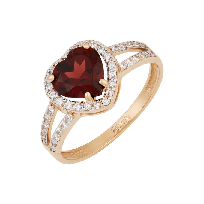 Кольцо из золота 585 пробы c гранатом и фианитами