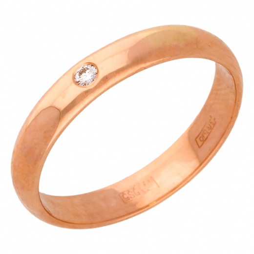 Кольцо обручальное из красного золота 585 пробы c 1 бриллиантом 012715 фото 1