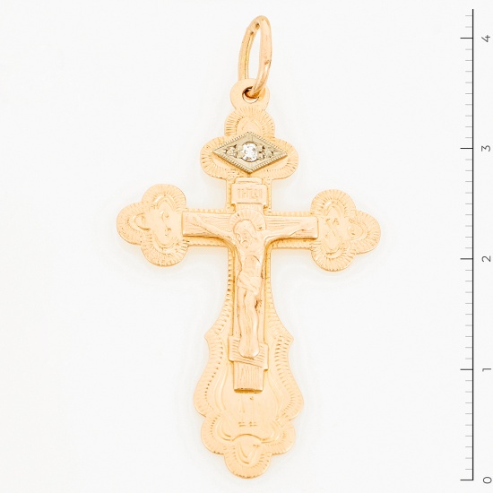 Крестик из комбинированного золота 585 пробы c 1 бриллиантом
