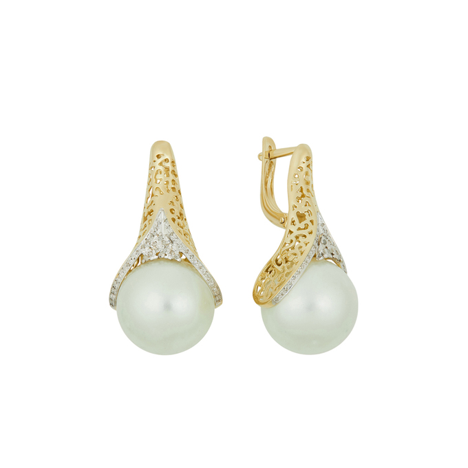 Серьги из золота 585 пробы c бриллиантами и имитациями жемчуга