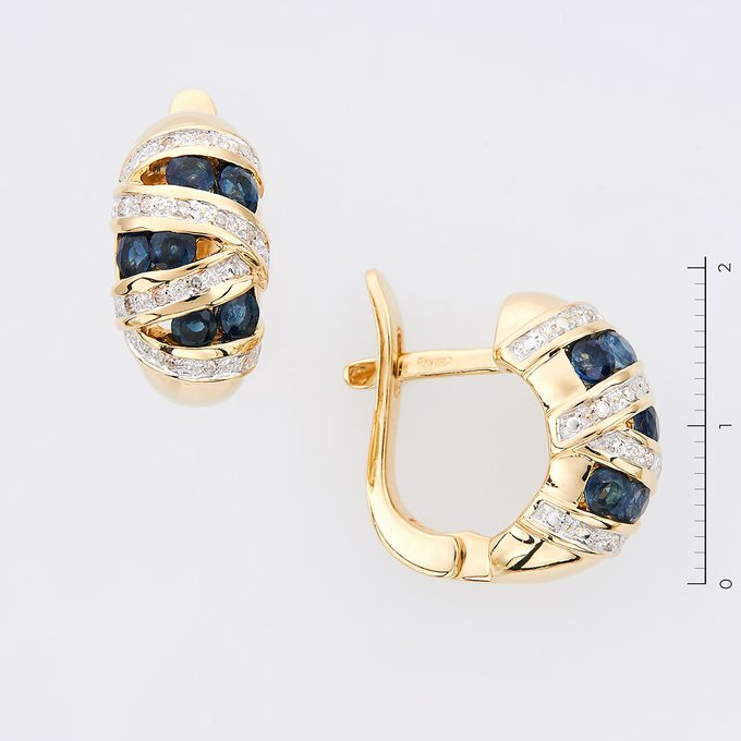 Серьги золото, 585, 3 к.,8,63 гр. (чистый вес 8,56 гр.) со следами износа; 12 Сапфир КР 5/5 вес 0,84 ct, 24 Бриллиант Кр17 3/4 вес 0,072 ct
