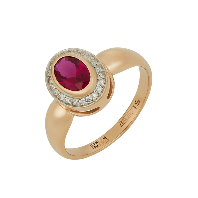 Кольцо из золота 585 пробы c бриллиантами и синтетическим рубином