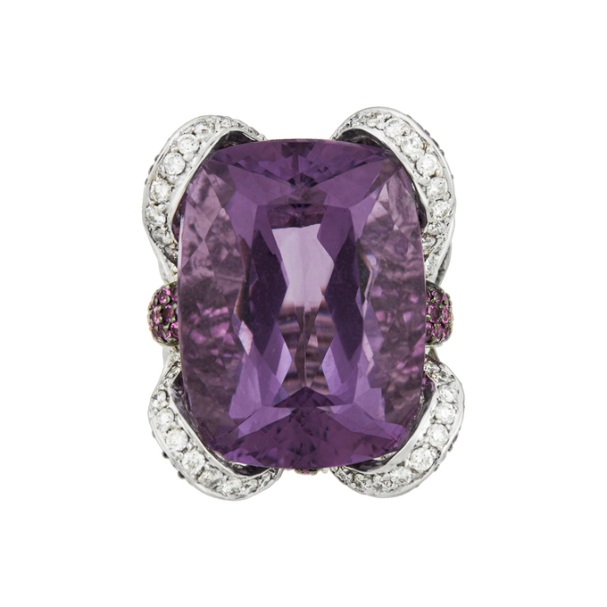 Кольцо из золота 750 пробы c аметистом, бриллиантами и цветными сапфирами, Л 4302 7616 за 420000