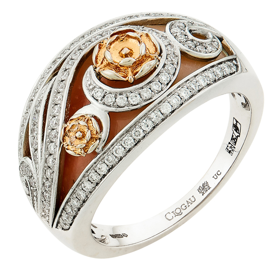 Кольцо из комбинированного золота 750 пробы c 1 роз. кварцем и 98 бриллиантами, Л28085383 за 85000