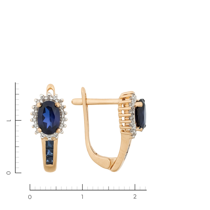 Серьги из красного золота 585 пробы c 6 сапфирами и 2 дифф. сапфирами и 36 упр. огр. бриллиантами