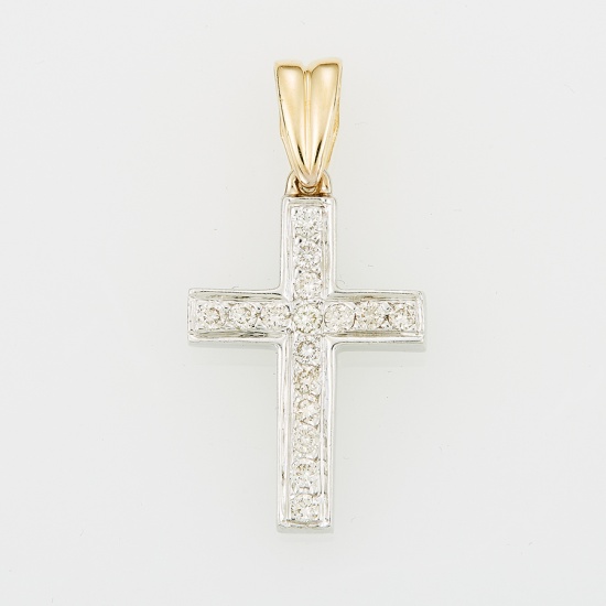 Крестик из комбинированного золота 585 пробы c 16 бриллиантами