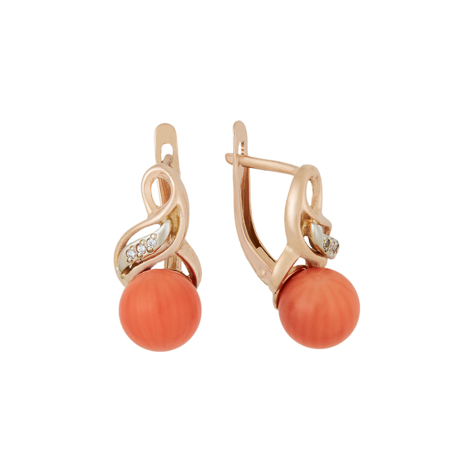 Серьги из золота 585 пробы c кораллами и фианитами, Л 1116 0539 за 47760
