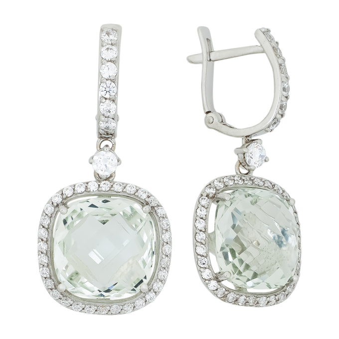Серьги из белого золота 585 пробы c 76 фианитами и 2 празиолитами