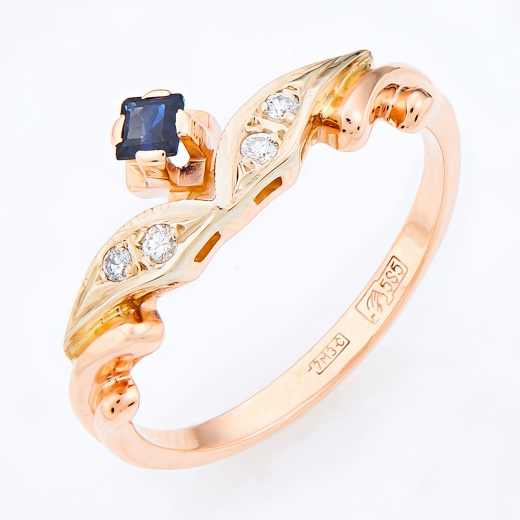 Кольцо из комбинированного золота 585 пробы c 4 бриллиантами и 1 сапфиром Л71011696 фото 1