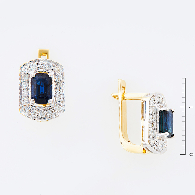 Серьги из золота 585 пробы c 36 бриллиантами и 2 сапфирами