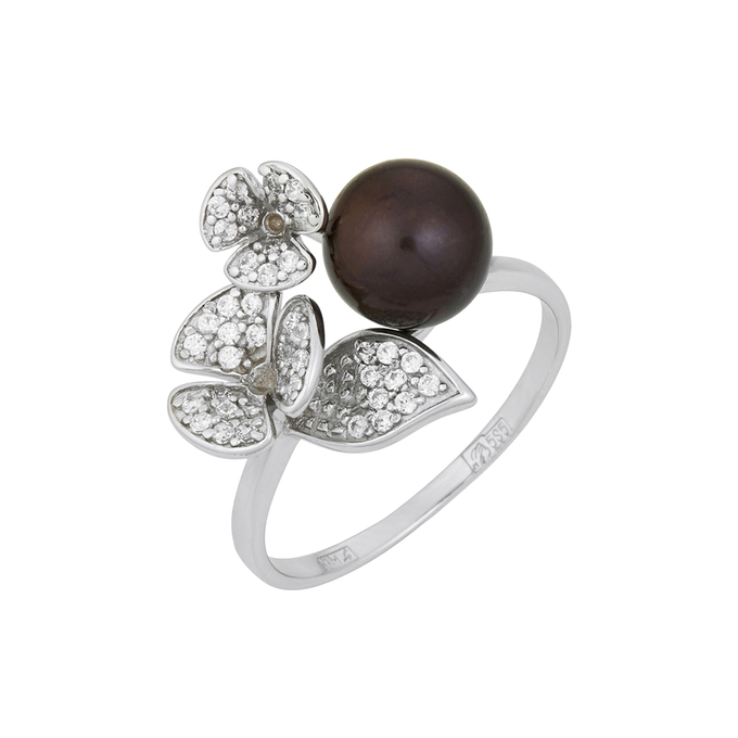 Кольцо из золота 585 пробы c культивированным жемчугом и фианитами, Л 1208 3949 за 37520