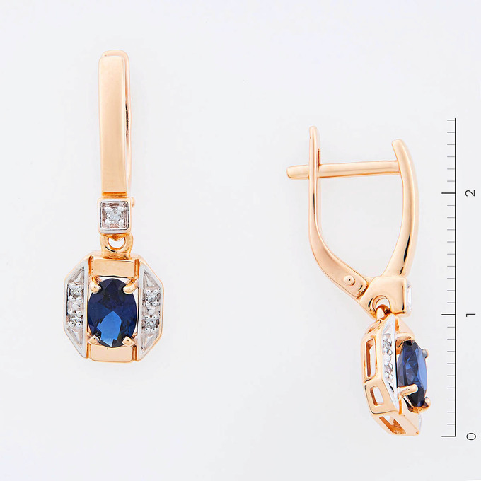 Серьги из золота 585 пробы c 10 бриллиантами и 2 синт. сапфирами