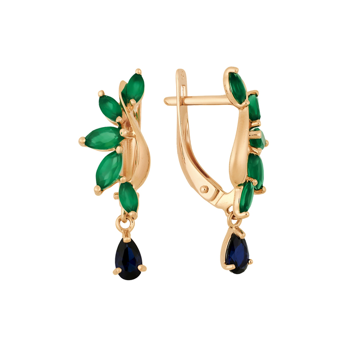 Серьги из золота 585 пробы c синтетическими сапфирами и хризопразами