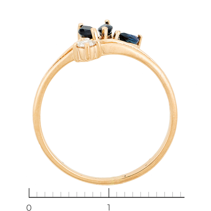 Кольцо из красного золота 585 пробы c 1 бриллиантом и 3 сапфирами