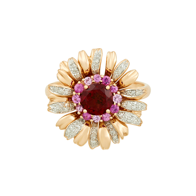 Кольцо из золота 585 пробы c гранатом, цветными сапфирами и бриллиантами, Л 2811 6887 за 56900