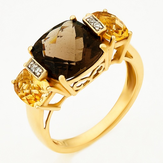 Кольцо из желтого золота 585 пробы c 4 бриллиантами и раухтопазами и цитринами Л28082137 фото 1