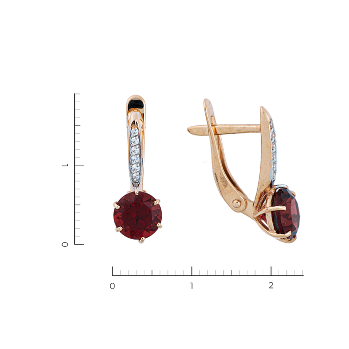Серьги из красного золота 375 пробы c 2 гранатами и 12 фианитами