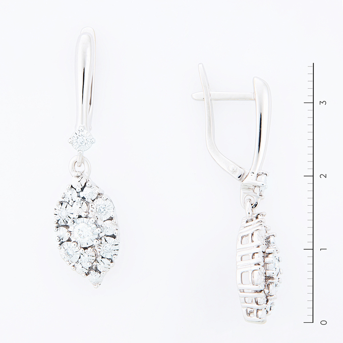 Серьги золото, 585, 2 к.,5,45 гр. (чистый вес 5,45 гр.); 2 Бриллиант Кр57 6/6 вес 0,12 ct, 10 Бриллиант Кр57 6/6 вес 0,07 ct