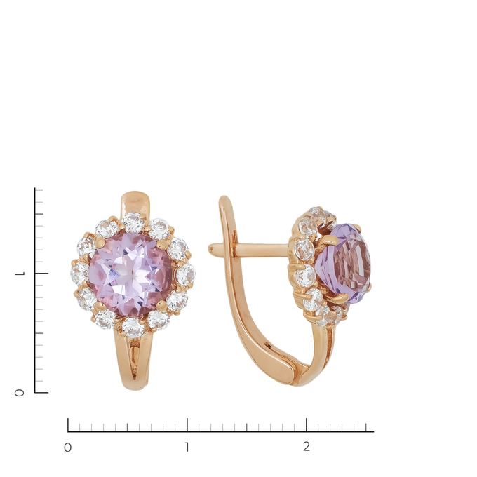 Серьги из красного золота 585 пробы c 2 аметистами и 24 фианитами