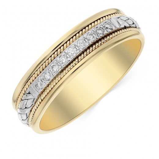 Кольцо обручальное из комбинированного золота 585 пробы c 9 бриллиантами 066705 фото 1