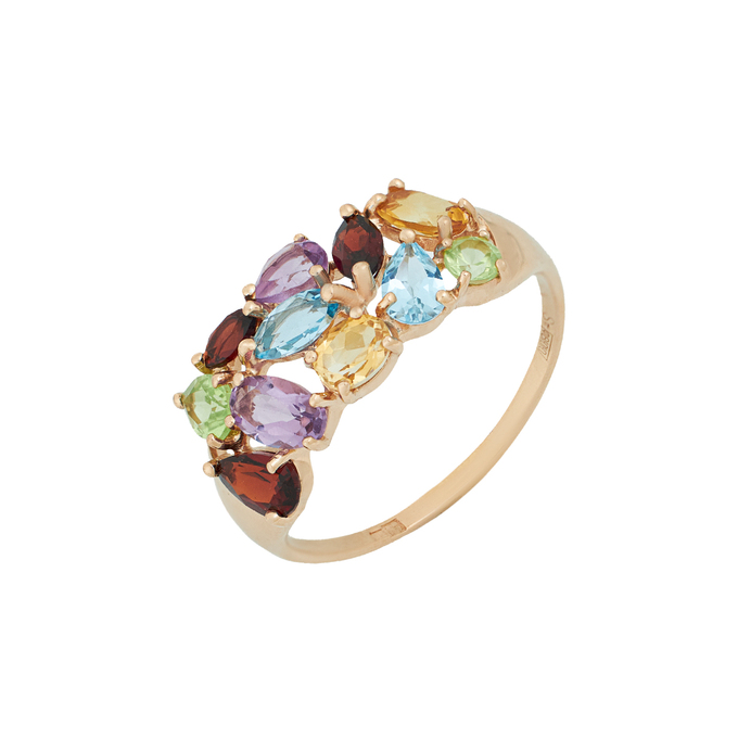 Кольцо из золота 585 пробы c топазами, аметистами, гранатами, цитринами и хризолитами