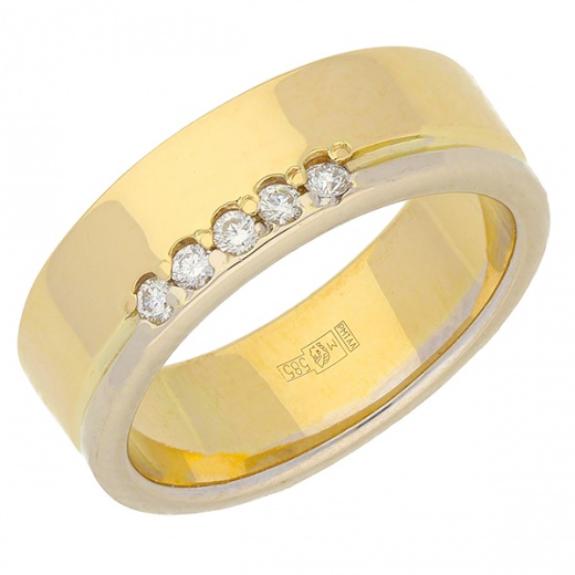 Кольцо обручальное из комбинированного золота 585 пробы c 5 бриллиантами